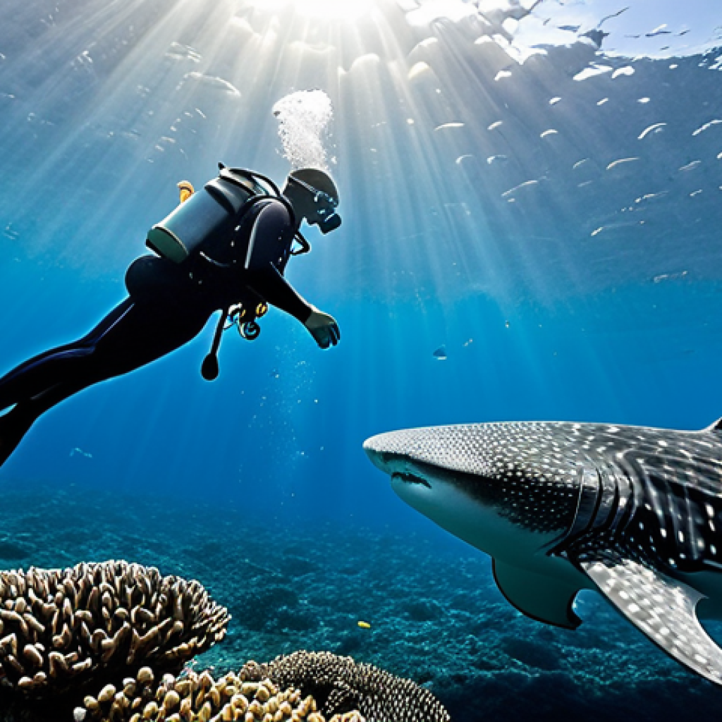**

"A diver swimming alongside a massive whale shark in the Gulf of Tadjoura, Djibouti. Crystal clear water, vibrant coral reefs in the background.  Sunlight filtering through the surface. Fully clothed diver, professional gear. Safe for work. Perfect anatomy, natural proportions, underwater photography, high quality."

**