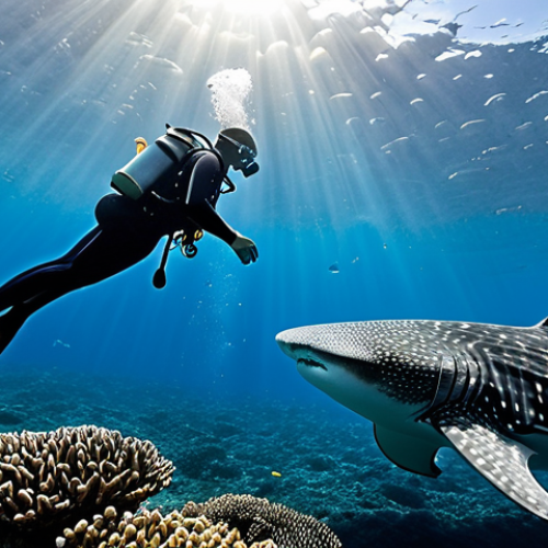Home 6 **
"A diver swimming alongside a massive whale shark in the Gulf of Tadjoura, Djibouti. Crystal clear water, vibrant coral reefs in the background. Sunlight filtering through the surface. Fully clothed diver, professional gear. Safe for work. Perfect anatomy, natural proportions, underwater photography, high quality."
**