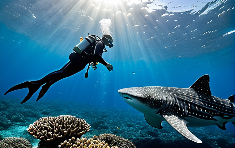 **

"A diver swimming alongside a massive whale shark in the Gulf of Tadjoura, Djibouti. Crystal clear water, vibrant coral reefs in the background.  Sunlight filtering through the surface. Fully clothed diver, professional gear. Safe for work. Perfect anatomy, natural proportions, underwater photography, high quality."

**