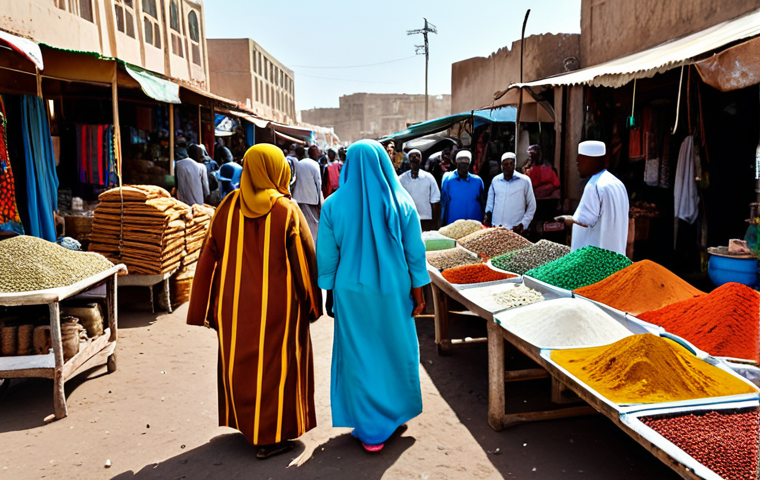 **Djibouti Scene:** "A bustling marketplace in Djibouti City, featuring vendors selling colorful textiles and spices, fully clothed, appropriate attire, safe for work, perfect anatomy, natural proportions, professional photography, high quality, modest setting, family-friendly."