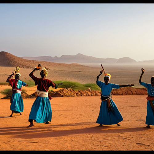 지부티 민족 전통 춤 - **Prompt:** An energetic traditional Afar dance taking place at sunset in a vast, arid Djiboutian de...