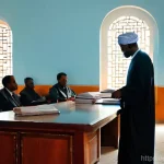 지부티의 주요 법적 시스템 - **Prompt:** A dignified courtroom scene in Djibouti City, showcasing a blend of modern legal profess...