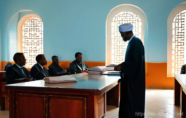 지부티의 주요 법적 시스템 - **Prompt:** A dignified courtroom scene in Djibouti City, showcasing a blend of modern legal profess...