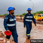 지부티 자연재해 대응력 - A dynamic scene depicting a diverse team of emergency responders in Djibouti, including men and wome...