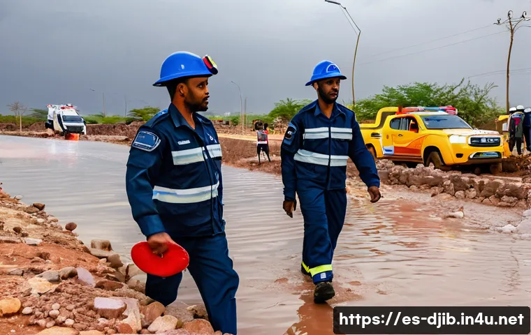 지부티 자연재해 대응력 - A dynamic scene depicting a diverse team of emergency responders in Djibouti, including men and wome...