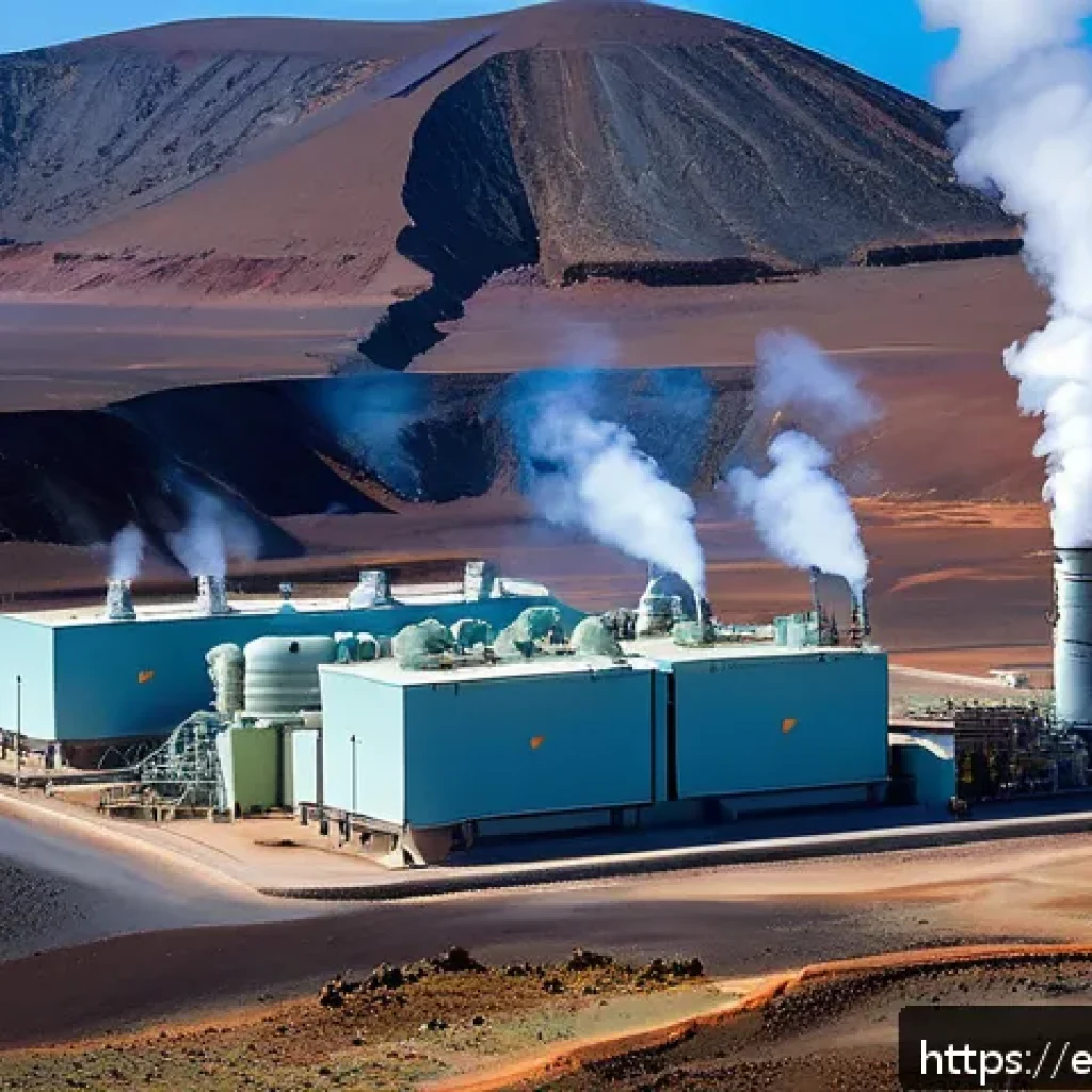 지부티 에너지 자립 프로젝트 - A modern geothermal power plant in Djibouti situated in a volcanic landscape, with steam rising from...