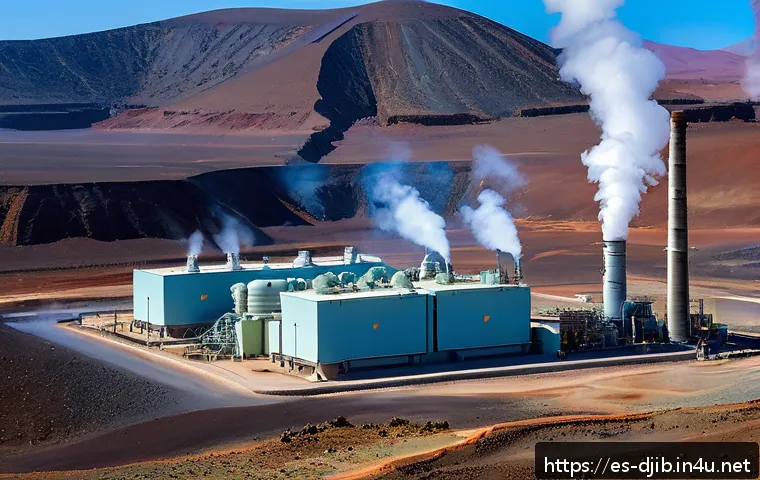 지부티 에너지 자립 프로젝트 - A modern geothermal power plant in Djibouti situated in a volcanic landscape, with steam rising from...