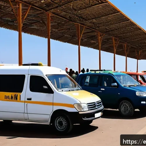 지부티 공항 정보 - A busy airport arrival area in Djibouti with authorized taxis lined up outside the terminal, a diver...
