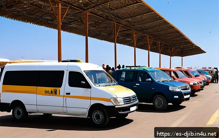 지부티 공항 정보 - A busy airport arrival area in Djibouti with authorized taxis lined up outside the terminal, a diver...