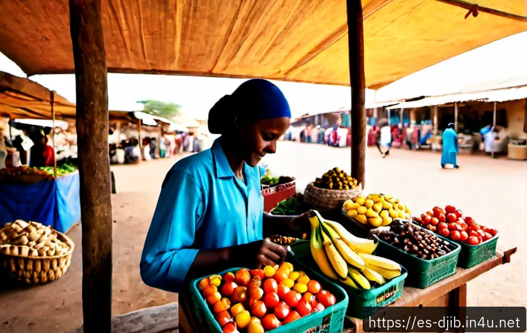지부티 로컬 마켓 탐방 - Photorealistic morning scene inside a lively local market in Djibouti City, a friendly East African ...